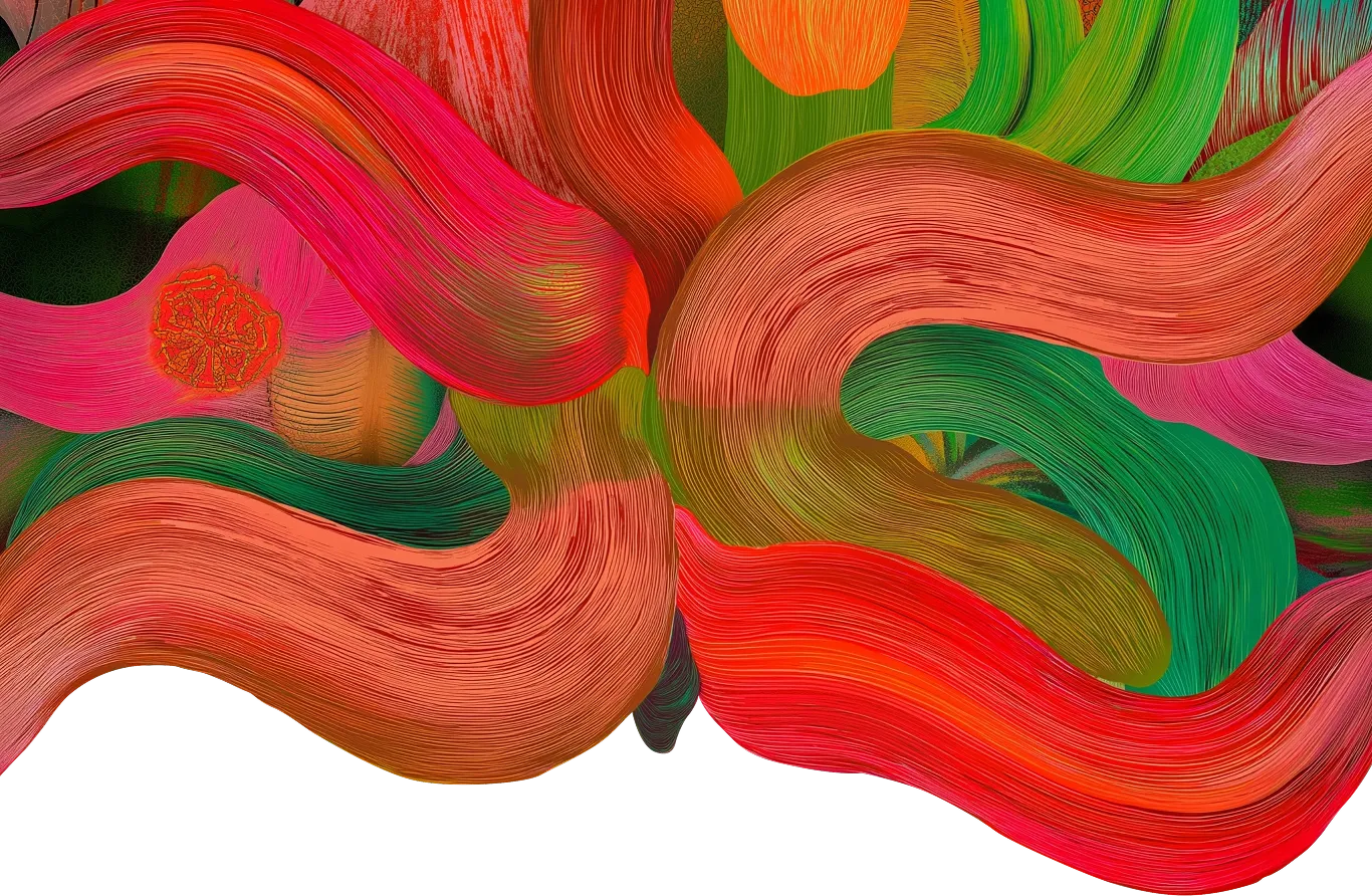 Fundo abstrato composto por pinceladas largas e coloridas em tons vibrantes de vermelho, rosa, laranja e verde, formando um movimento orgânico e fluido.