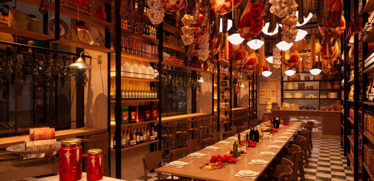 Interior acolhedor de um restaurante com decoração rústica, prateleiras cheias de produtos culinários, embutidos pendurados no teto e uma mesa longa preparada para refeição.