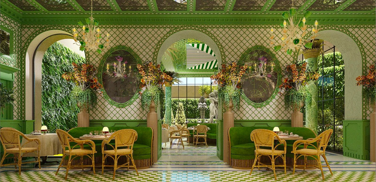 Interior elegante de um restaurante com decoração predominantemente verde, sofás aveludados, cadeiras de vime, paredes com padrões geométricos, arranjos florais exuberantes e amplas janelas que revelam um jardim externo.